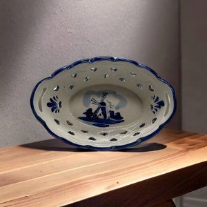 Vintage Bowl, Blue And White W/ Handles,hearts,flowers,windmills
